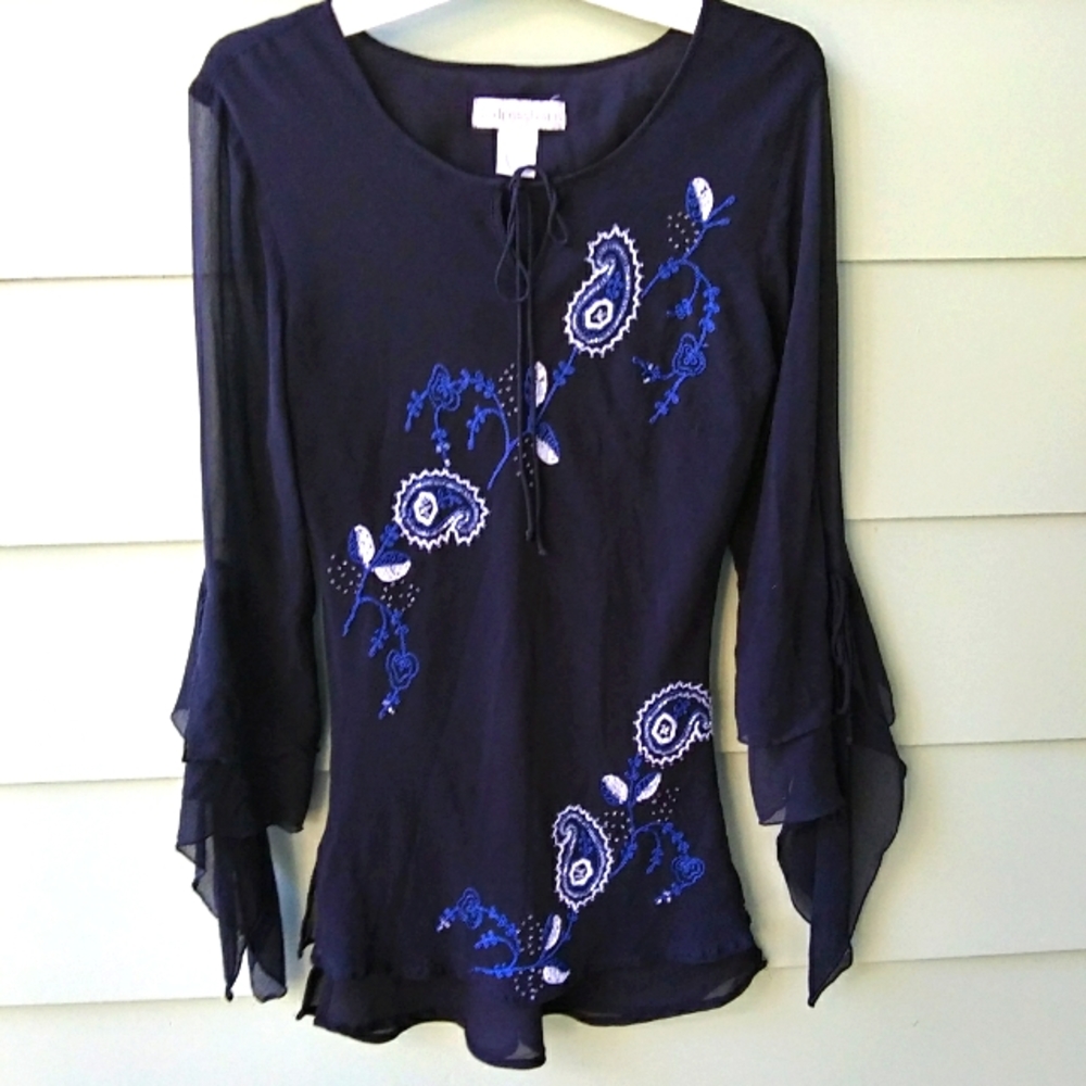 Dressbarn Womens Black Beaded 100% Silk Blouse Blue & White Embroidery SZ 8